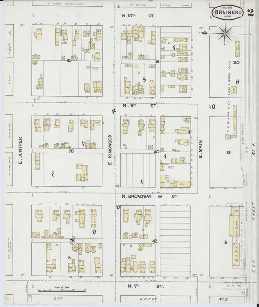 Sanborn Fire Insurance Map from Brainerd, Crow Wing County, Minnesota (1889), Sheet #0002 - Historic Sanborn Fire Insurance Map Print, vintage old map wall art, antique decor, genealogy gift, Minnesota Minnesota map