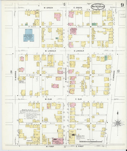 Sanborn Fire Insurance Map from Waynesburg, Greene County, Pennsylvania (1908), Sheet #0009 - Historic Sanborn Fire Insurance Map Print, vintage old map wall art, antique decor, genealogy gift, Pennsylvania Pennsylvania map