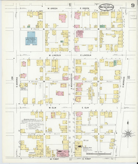 Sanborn Fire Insurance Map from Waynesburg, Greene County, Pennsylvania (1908), Sheet #0009 - Historic Sanborn Fire Insurance Map Print, vintage old map wall art, antique decor, genealogy gift, Pennsylvania Pennsylvania map