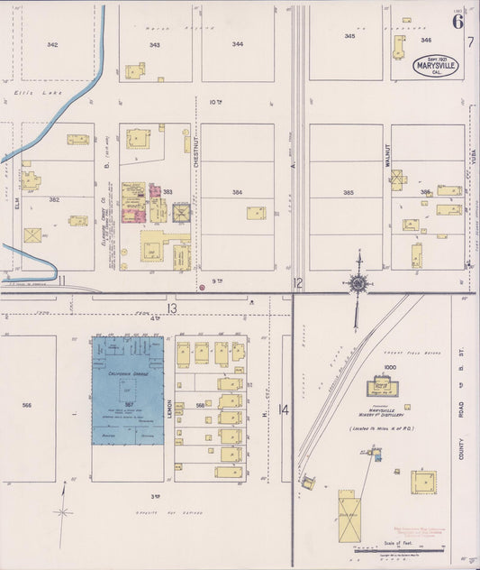Sanborn Fire Insurance Map from Marysville, Yuba County, California (1921), Sheet #0006 - Historic Sanborn Fire Insurance Map Print, vintage old map wall art, antique decor, genealogy gift, California California map