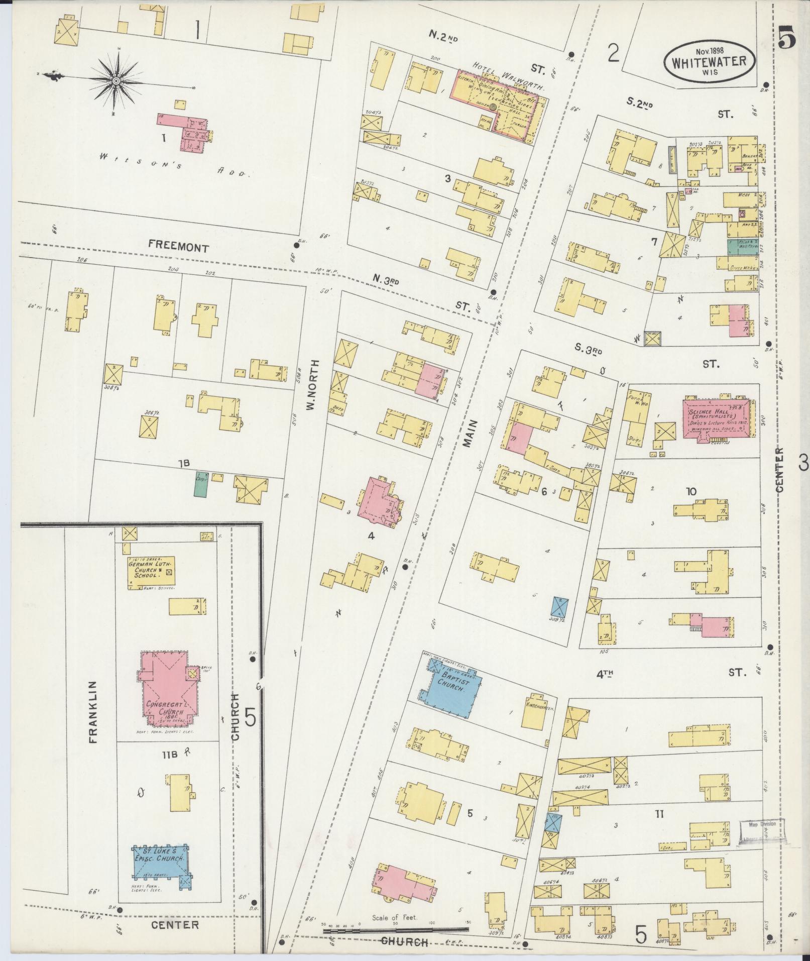Sanborn Fire Insurance Map from Whitewater, Walworth County, Wisconsin (1898), Sheet #0005 - Complete Map Set gallery image, historic Sanborn map, vintage wall art, Wisconsin Wisconsin