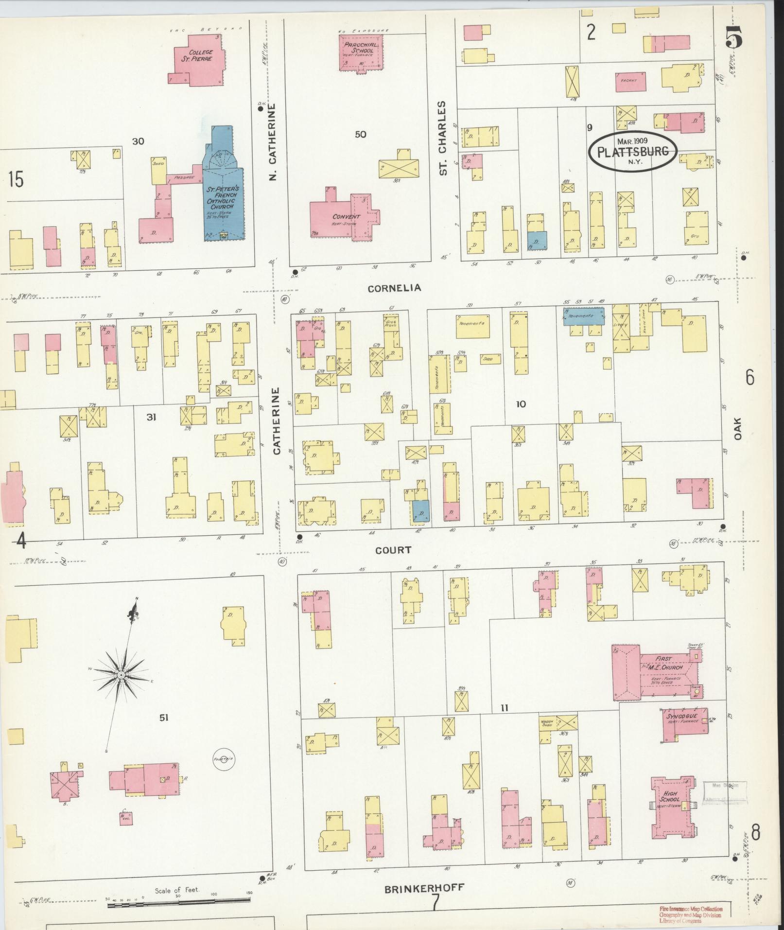 Sanborn Fire Insurance Map from Plattsburg, Clinton County, New York (1909), Sheet #0004 - Historic Sanborn Fire Insurance Map Print, vintage old map wall art, antique decor, genealogy gift, New York New York map