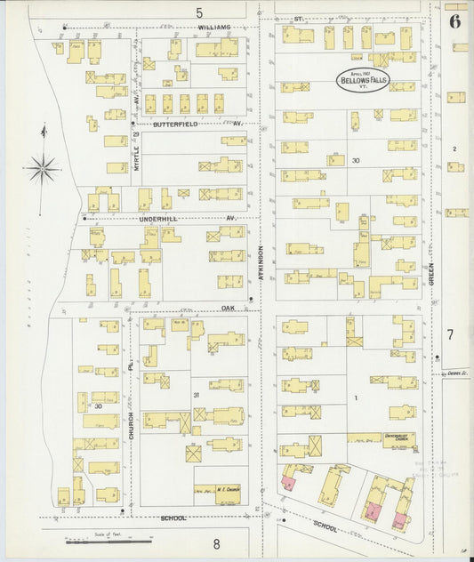Sanborn Fire Insurance Map from Bellows Falls, Windham County, Vermont (1901), Sheet #0006 - Historic Sanborn Fire Insurance Map Print, vintage old map wall art, antique decor, genealogy gift, Vermont Vermont map