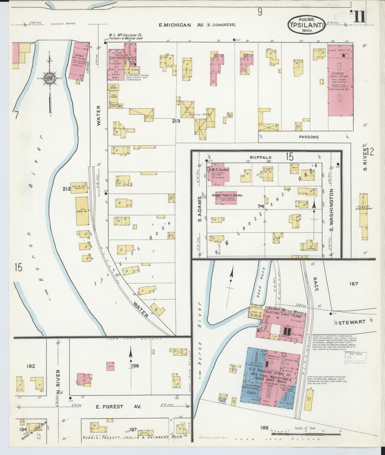 Sanborn Fire Insurance Map from Ypsilanti, Washtenaw County, Michigan (1916), Sheet #0011 - Historic Sanborn Fire Insurance Map Print, vintage old map wall art, antique decor, genealogy gift, Michigan Michigan map
