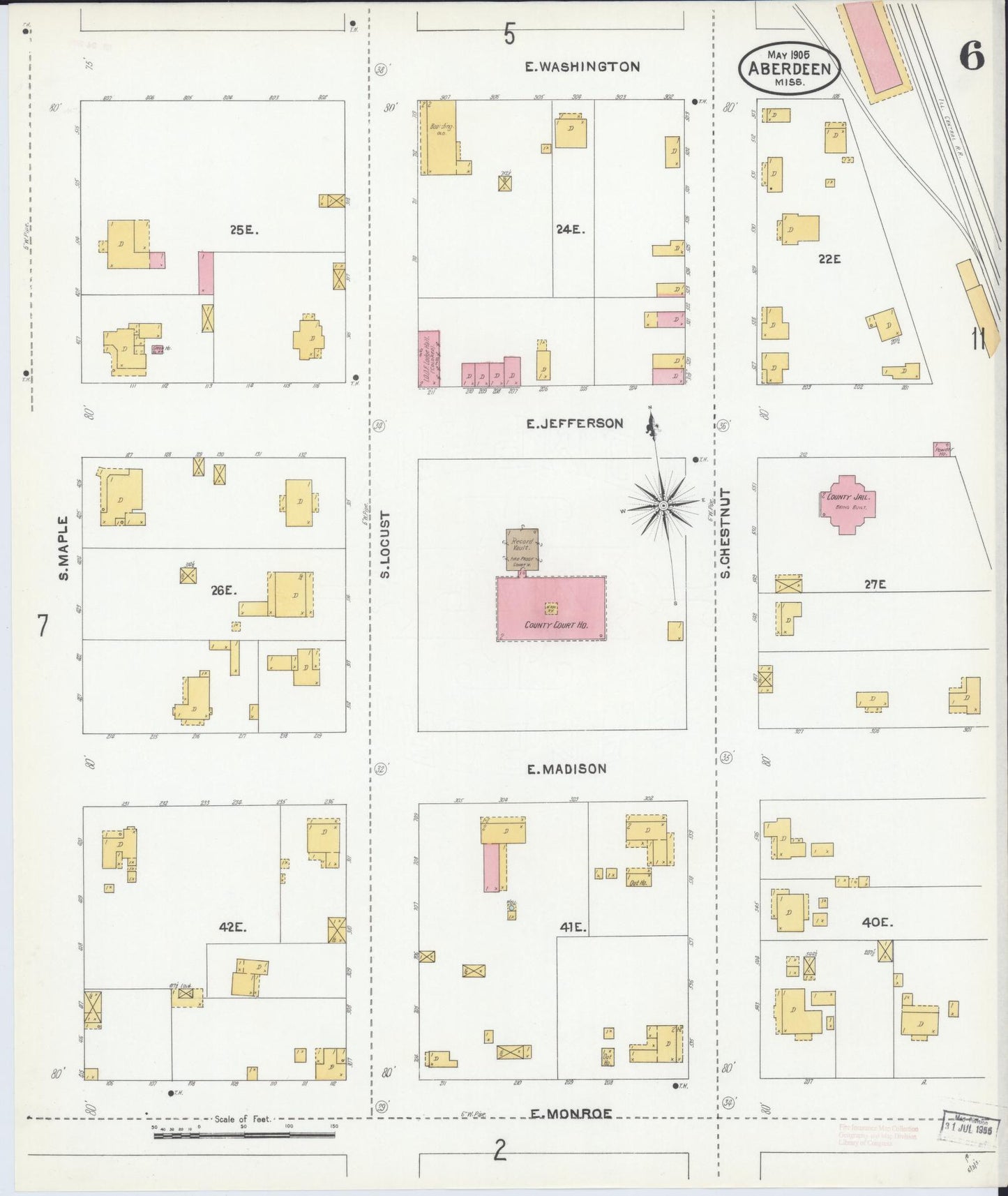 Sanborn Fire Insurance Map from Aberdeen, Monroe County, Mississippi (1905), Sheet #0006 - Complete Map Set gallery image, historic Sanborn map, vintage wall art, Mississippi Mississippi