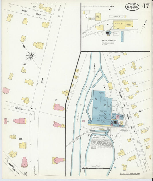 Sanborn Fire Insurance Map from Malone, Franklin County, New York (1908), Sheet #0017 - Historic Sanborn Fire Insurance Map Print, vintage old map wall art, antique decor, genealogy gift, New York New York map