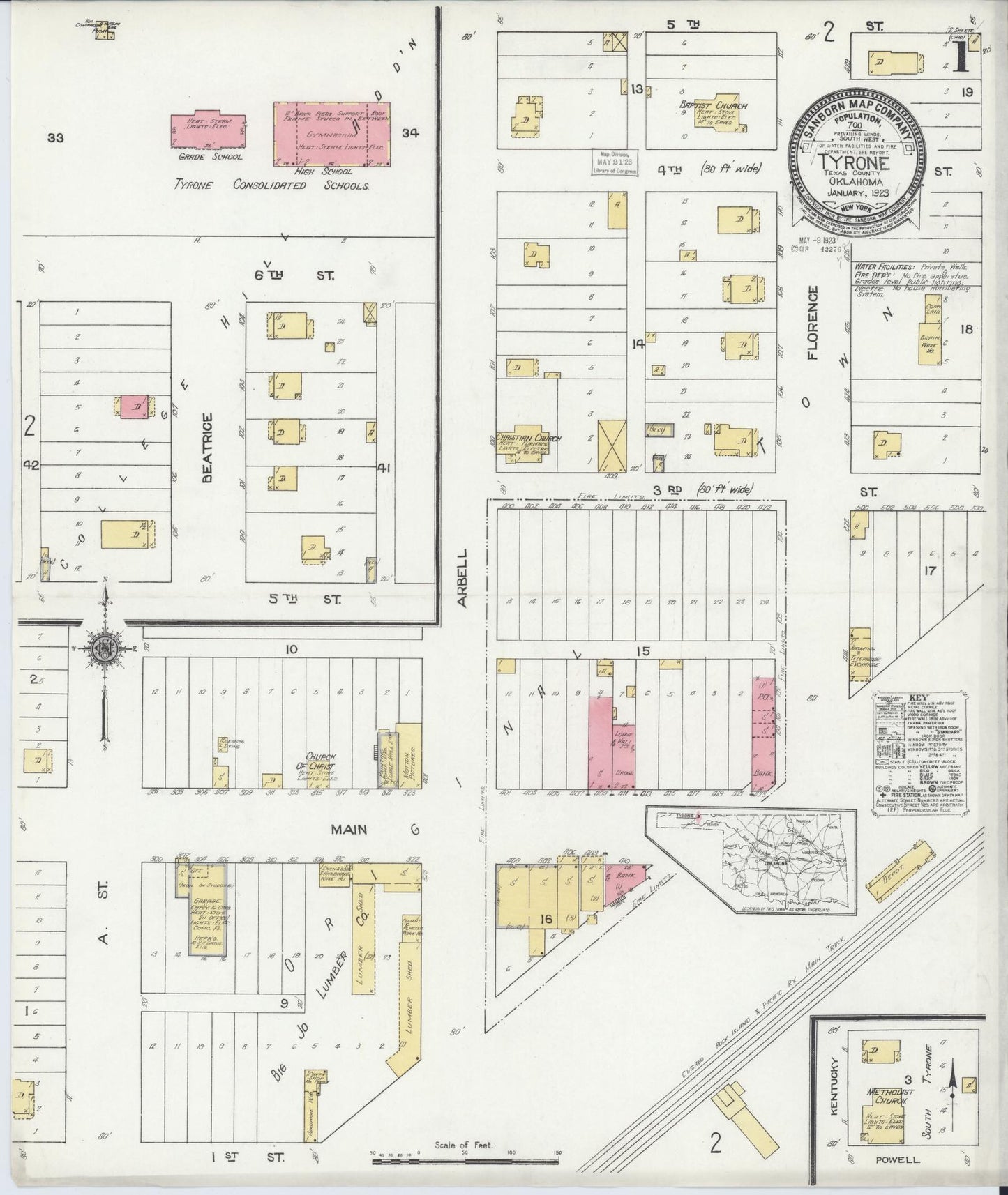 Sanborn Fire Insurance Map from Tyrone, Texas County, Oklahoma (1923), Sheet #0001 - Complete Map Set gallery image, historic Sanborn map, vintage wall art, Oklahoma Oklahoma