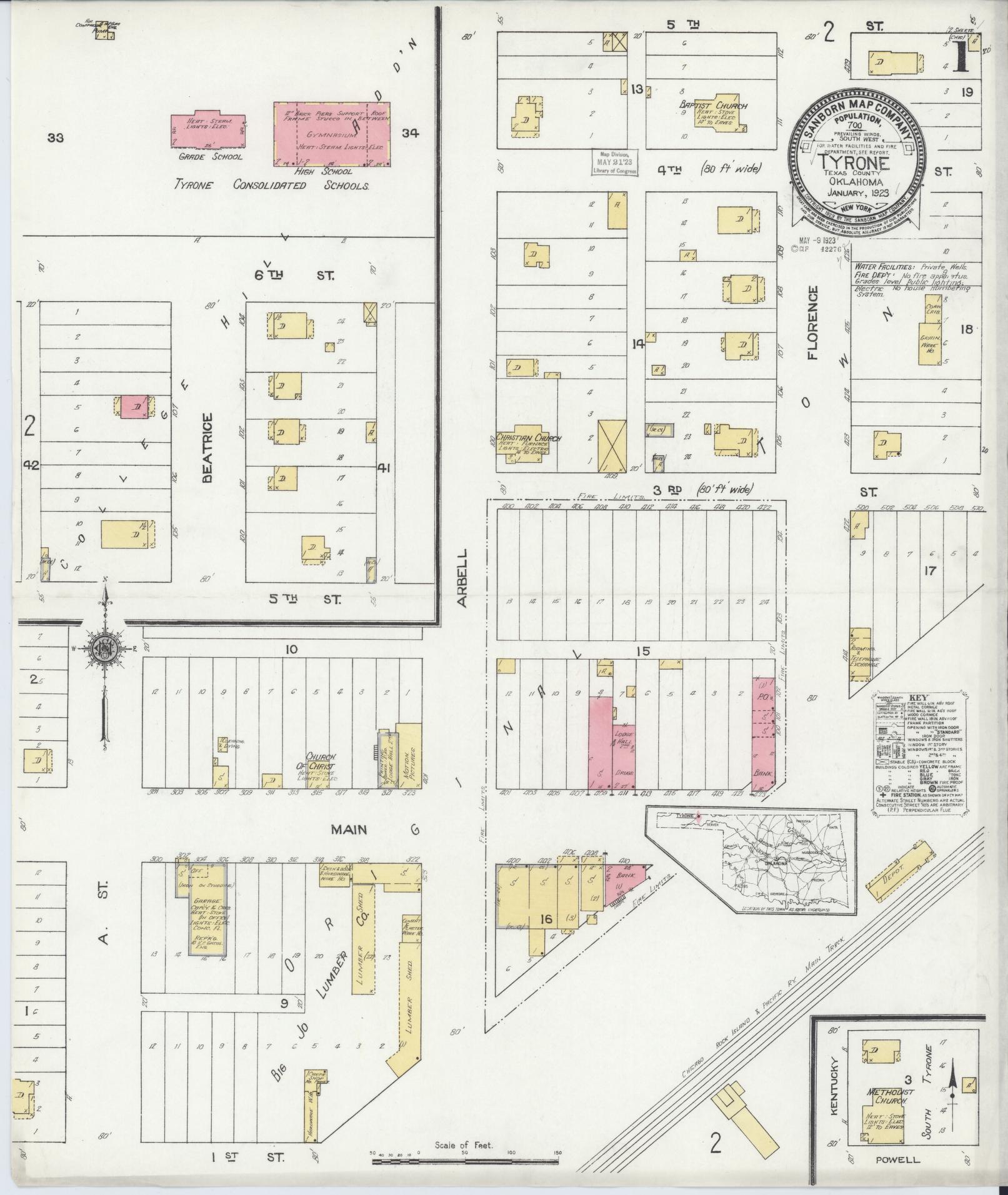 Sanborn Fire Insurance Map from Tyrone, Texas County, Oklahoma (1923), Sheet #0001 - Complete Map Set gallery image, historic Sanborn map, vintage wall art, Oklahoma Oklahoma
