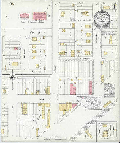 Sanborn Fire Insurance Map from Tyrone, Texas County, Oklahoma (1923), Sheet #0001 - Complete Map Set gallery image, historic Sanborn map, vintage wall art, Oklahoma Oklahoma