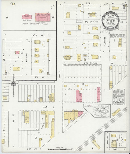 Sanborn Fire Insurance Map from Tyrone, Texas County, Oklahoma (1923), Sheet #0001 - Complete Map Set gallery image, historic Sanborn map, vintage wall art, Oklahoma Oklahoma