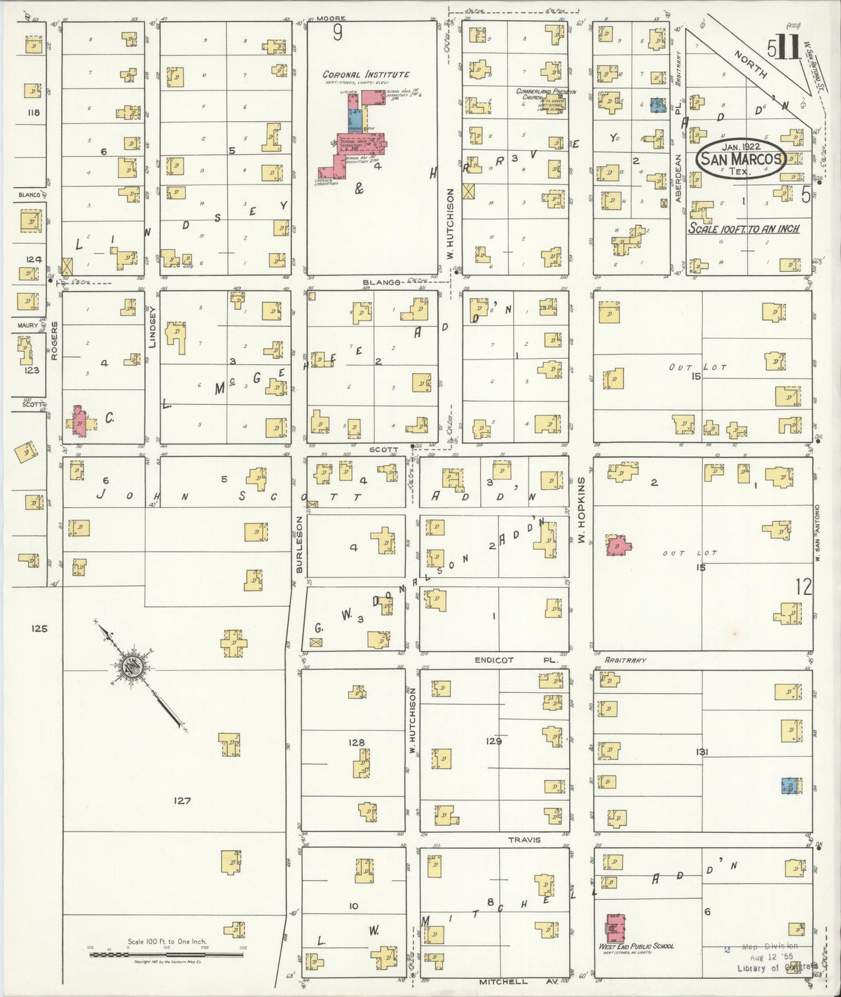Sanborn Fire Insurance Map from San Marcos, Hays County, Texas (1922), Sheet #0011 - Complete Map Set gallery image, historic Sanborn map, vintage wall art, Texas Texas