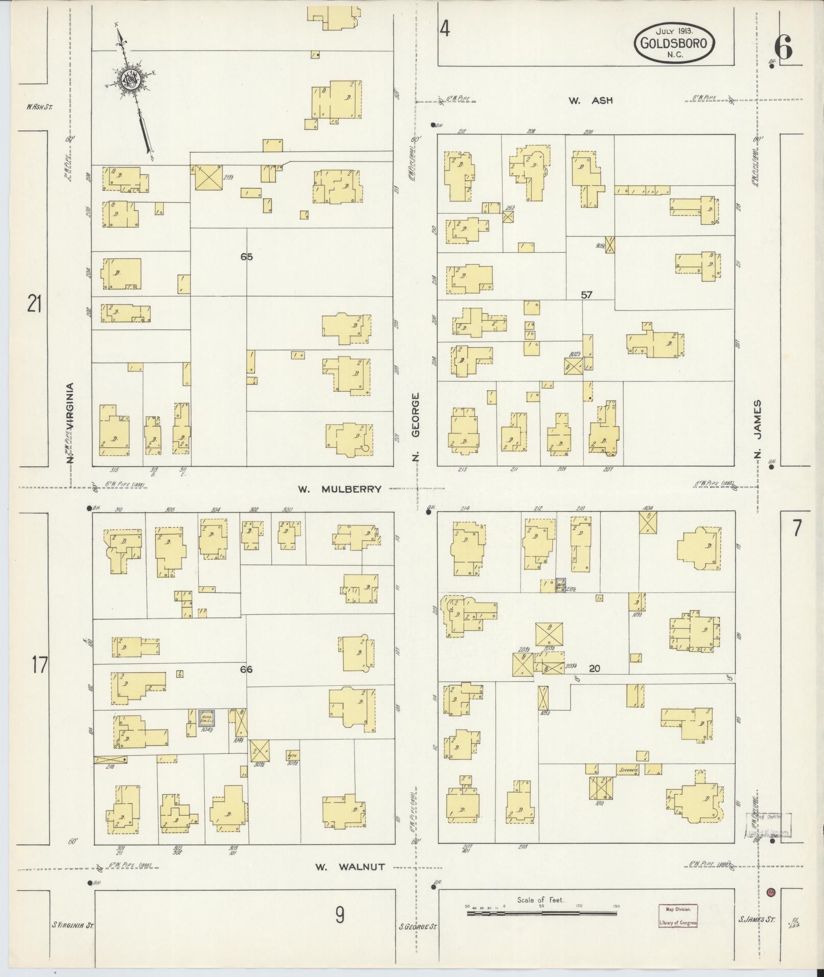Sanborn Fire Insurance Map from Goldsboro, Wayne County, North Carolina (1913), Sheet #0006 - Historic Sanborn Fire Insurance Map Print, vintage old map wall art, antique decor, genealogy gift, North Carolina North Carolina map