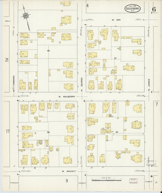 Sanborn Fire Insurance Map from Goldsboro, Wayne County, North Carolina (1913), Sheet #0006 - Historic Sanborn Fire Insurance Map Print, vintage old map wall art, antique decor, genealogy gift, North Carolina North Carolina map