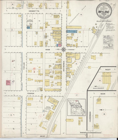 Sanborn Fire Insurance Map from Wayland, Clark County, Missouri (1916), Sheet #0001 - Historic Sanborn Fire Insurance Map Print, vintage old map wall art, antique decor, genealogy gift, Missouri Missouri map