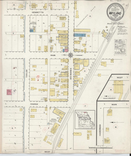 Sanborn Fire Insurance Map from Wayland, Clark County, Missouri (1916), Sheet #0001 - Historic Sanborn Fire Insurance Map Print, vintage old map wall art, antique decor, genealogy gift, Missouri Missouri map