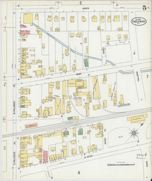 Sanborn Fire Insurance Map from Englewood, Bergen County, New Jersey (1902), Sheet #0005 - Historic Sanborn Fire Insurance Map Print, vintage old map wall art, antique decor, genealogy gift, New Jersey New Jersey map