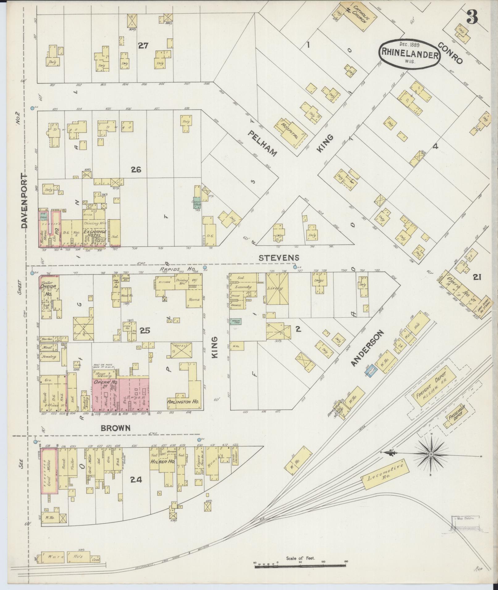 Sanborn Fire Insurance Map from Rhinelander, Oneida County, Wisconsin (1889), Sheet #0003 - Historic Sanborn Fire Insurance Map Print, vintage old map wall art, antique decor, genealogy gift, Wisconsin Wisconsin map