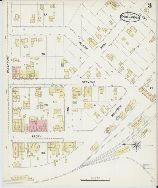 Sanborn Fire Insurance Map from Rhinelander, Oneida County, Wisconsin (1889), Sheet #0003 - Historic Sanborn Fire Insurance Map Print, vintage old map wall art, antique decor, genealogy gift, Wisconsin Wisconsin map