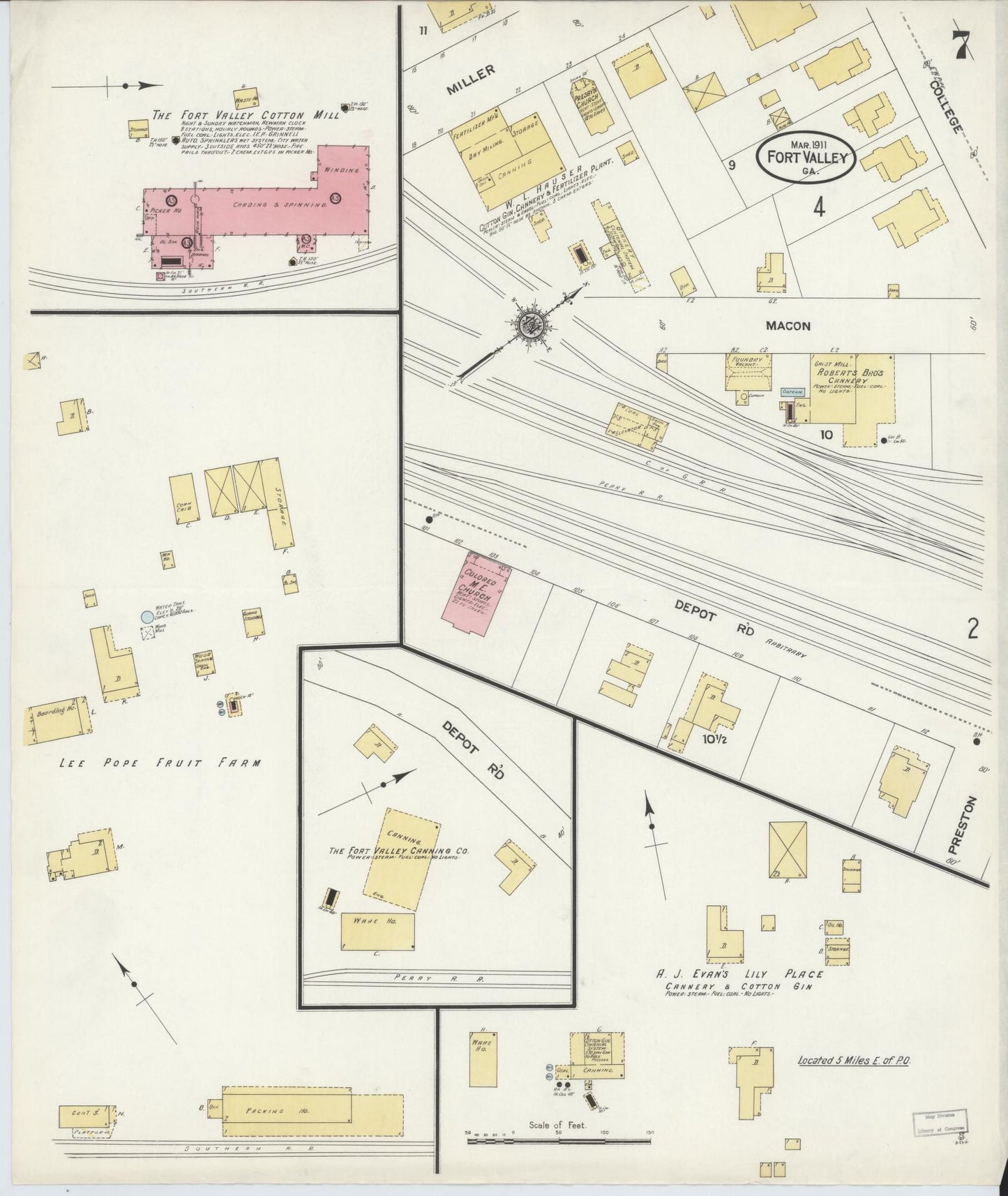Sanborn Fire Insurance Map from Fort Valley, Peach County, Georgia (1911), Sheet #0007 - Historic Sanborn Fire Insurance Map Print, vintage old map wall art, antique decor, genealogy gift, Georgia Georgia map