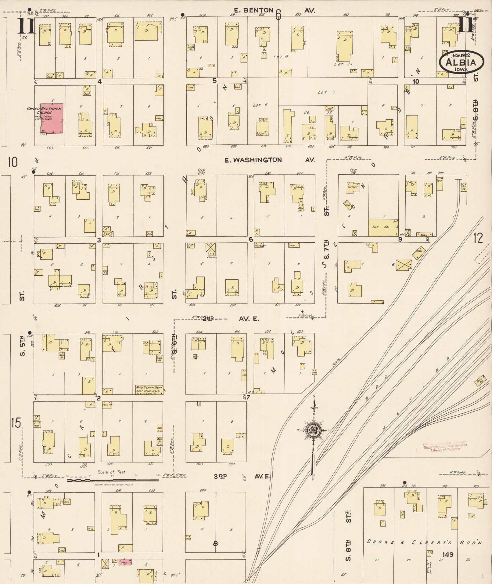 Sanborn Fire Insurance Map from Albia, Monroe County, Iowa (1922), Sheet #0011 - Historic Sanborn Fire Insurance Map Print, vintage old map wall art
