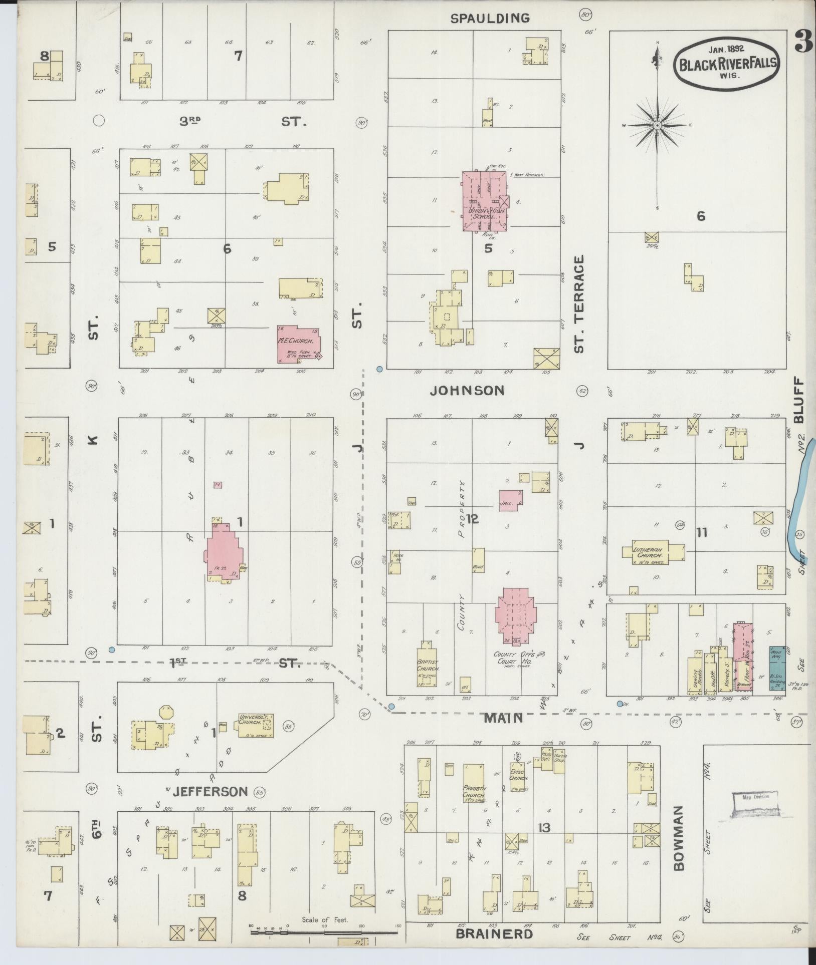Sanborn Fire Insurance Map from Black River Falls, Jackson County, Wisconsin (1892), Sheet #0003 - Complete Map Set gallery image, historic Sanborn map, vintage wall art, Wisconsin Wisconsin