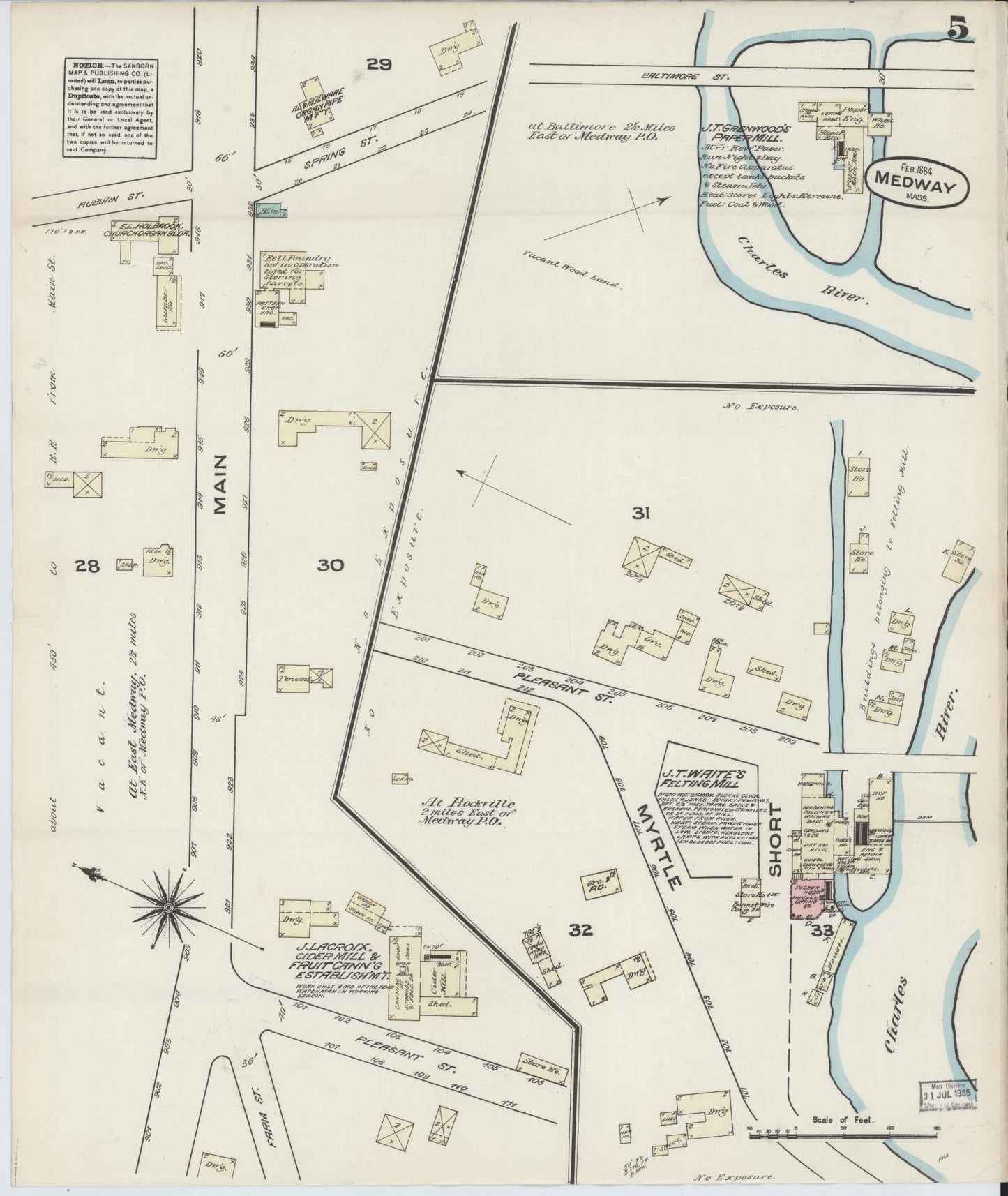 Sanborn Fire Insurance Map from Medway, Norfolk County, Massachusetts (1884), Sheet #0005 - Complete Map Set gallery image, historic Sanborn map, vintage wall art, Massachusetts Massachusetts