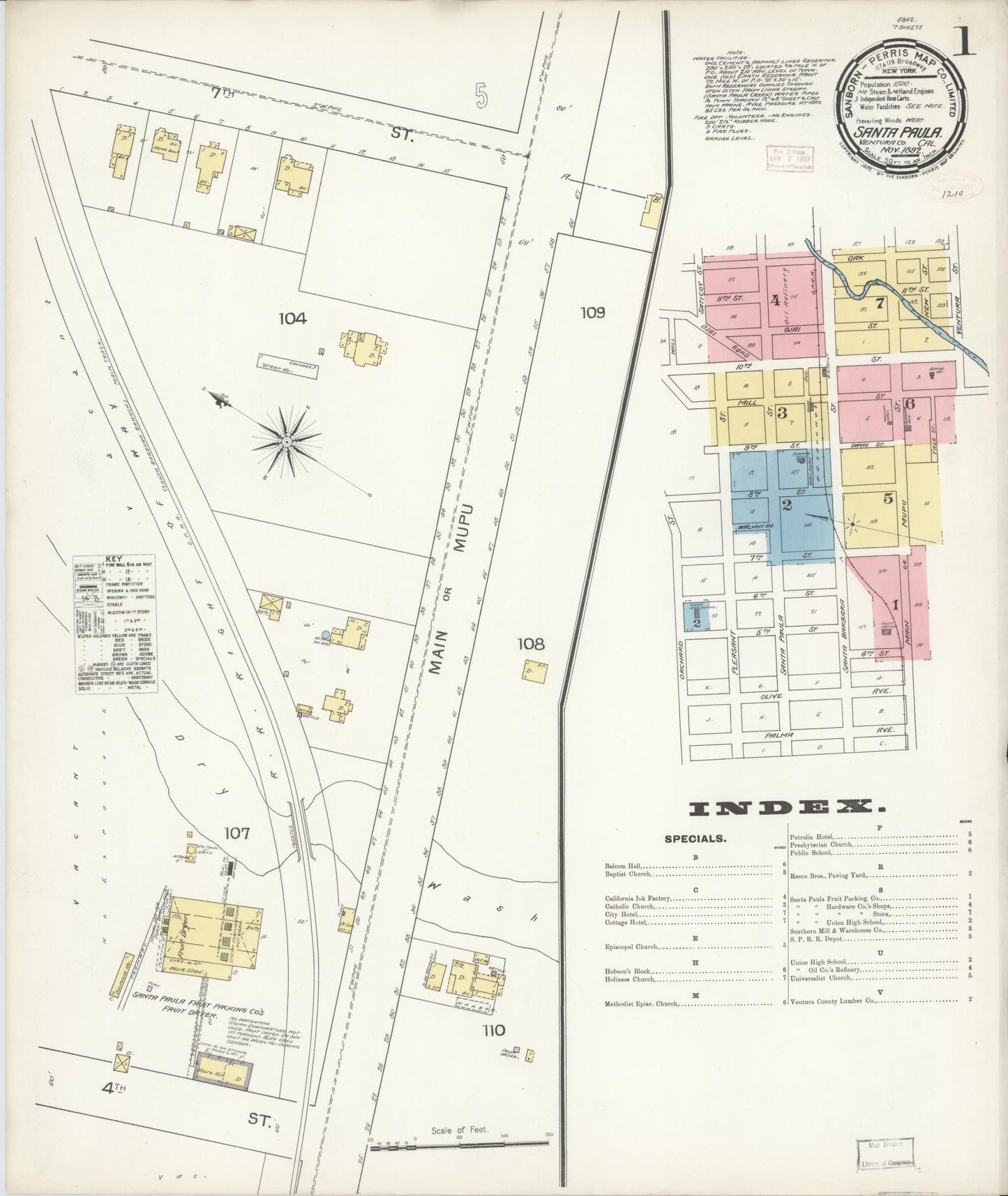 Sanborn Fire Insurance Map from Santa Paula, Ventura County, California (1892), Sheet #0001 - Complete Map Set gallery image, historic Sanborn map, vintage wall art, California California