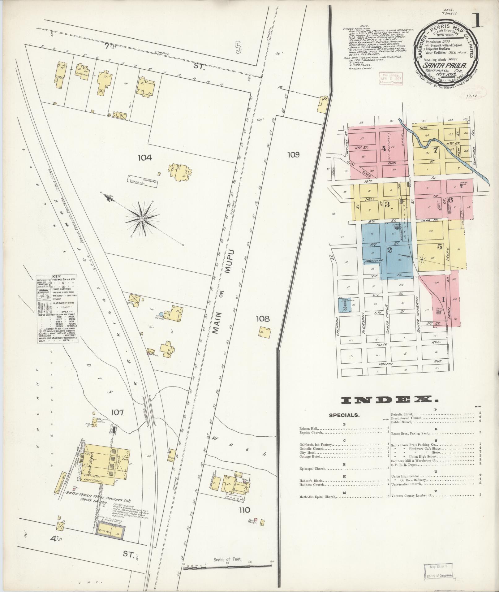 Sanborn Fire Insurance Map from Santa Paula, Ventura County, California (1892), Sheet #0001 - Complete Map Set gallery image, historic Sanborn map, vintage wall art, California California