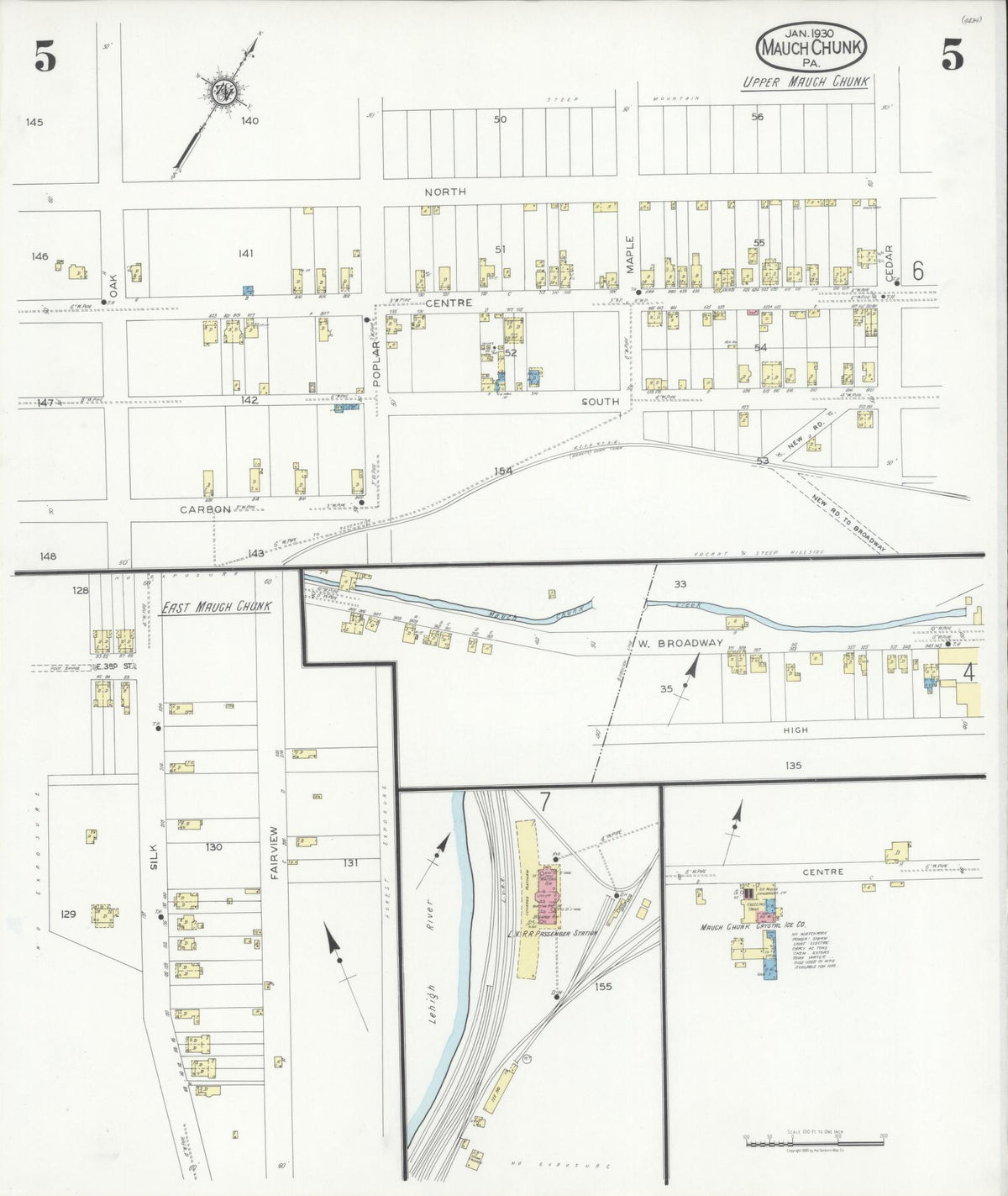 Sanborn Fire Insurance Map from Mauch Chunk, Carbon County, Pennsylvania (1930), Sheet #0005 - Historic Sanborn Fire Insurance Map Print, vintage old map wall art, antique decor, genealogy gift, Pennsylvania Pennsylvania map