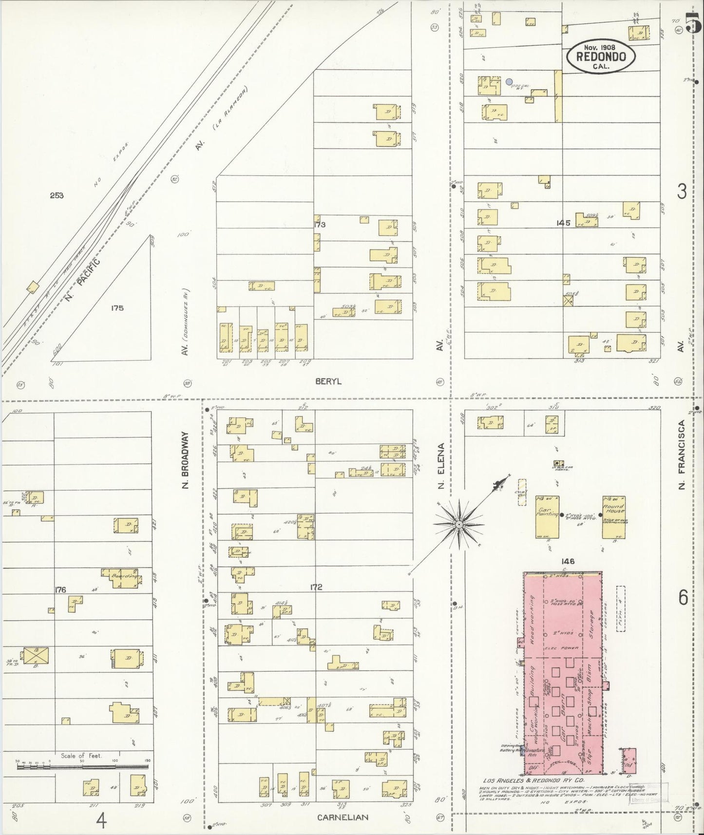 Sanborn Fire Insurance Map from Redondo Beach, Los Angeles County, California (1908), Sheet #0005 - Complete Map Set gallery image, historic Sanborn map, vintage wall art, California California