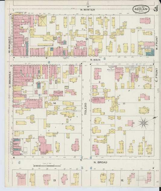 Sanborn Fire Insurance Map from Adrian, Lenawee County, Michigan (1893), Sheet #0003 - Historic Sanborn Fire Insurance Map Print, vintage old map wall art, antique decor, genealogy gift, Michigan Michigan map