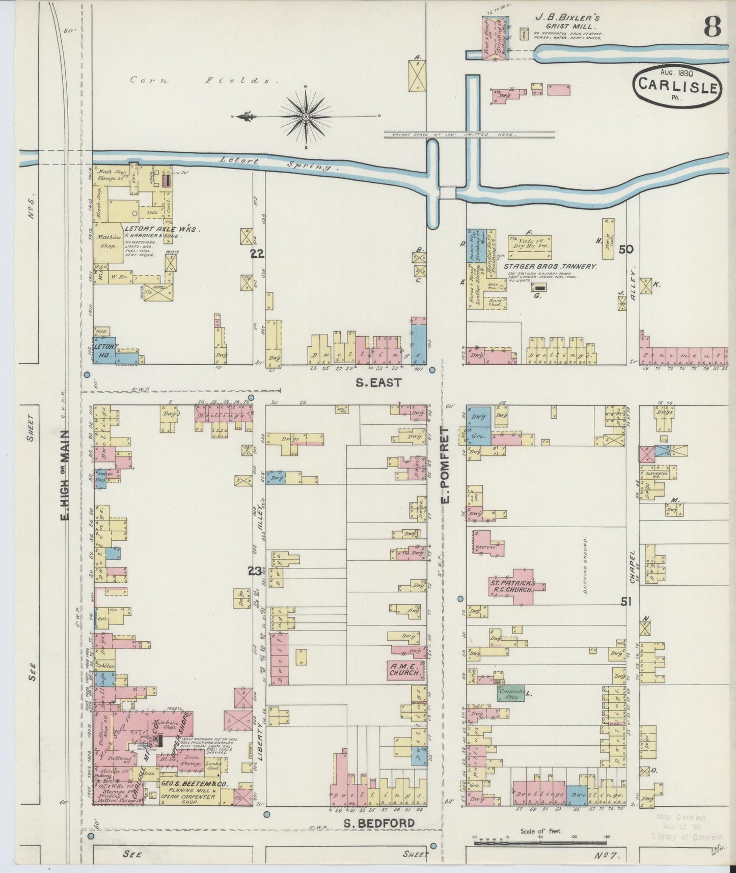 Sanborn Fire Insurance Map from Carlisle, Cumberland County, Pennsylvania (1890), Sheet #0008 - Historic Sanborn Fire Insurance Map Print, vintage old map wall art, antique decor, genealogy gift, Pennsylvania Pennsylvania map