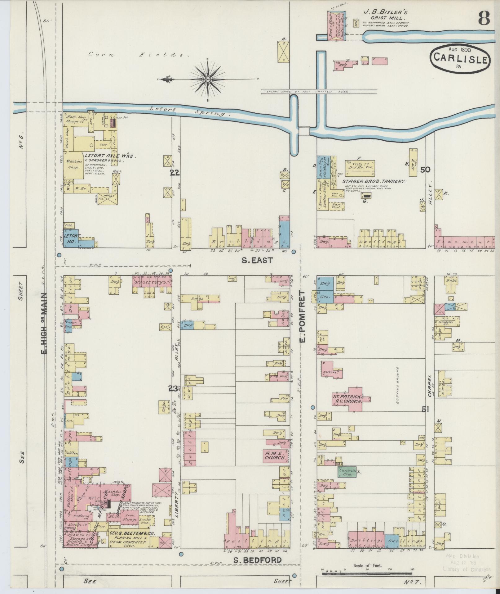 Sanborn Fire Insurance Map from Carlisle, Cumberland County, Pennsylvania (1890), Sheet #0008 - Historic Sanborn Fire Insurance Map Print, vintage old map wall art, antique decor, genealogy gift, Pennsylvania Pennsylvania map