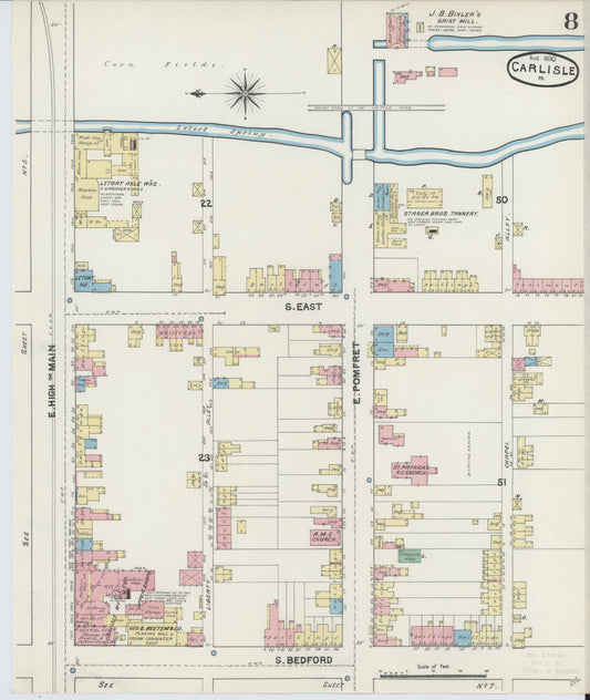 Sanborn Fire Insurance Map from Carlisle, Cumberland County, Pennsylvania (1890), Sheet #0008 - Historic Sanborn Fire Insurance Map Print, vintage old map wall art, antique decor, genealogy gift, Pennsylvania Pennsylvania map