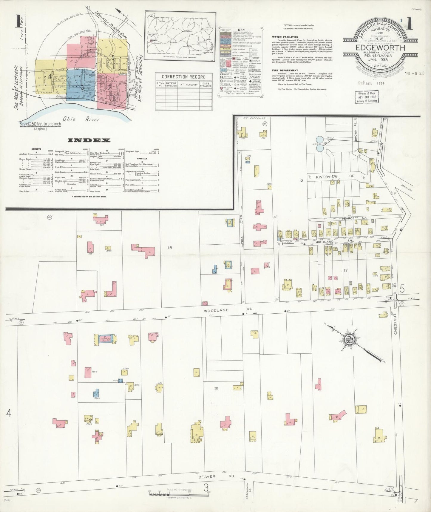 Sanborn Fire Insurance Map from Edgeworth, Allegheny County, Pennsylvania (1938), Sheet #0001 - Historic Sanborn Fire Insurance Map Print, vintage old map wall art, antique decor, genealogy gift, Pennsylvania Pennsylvania map