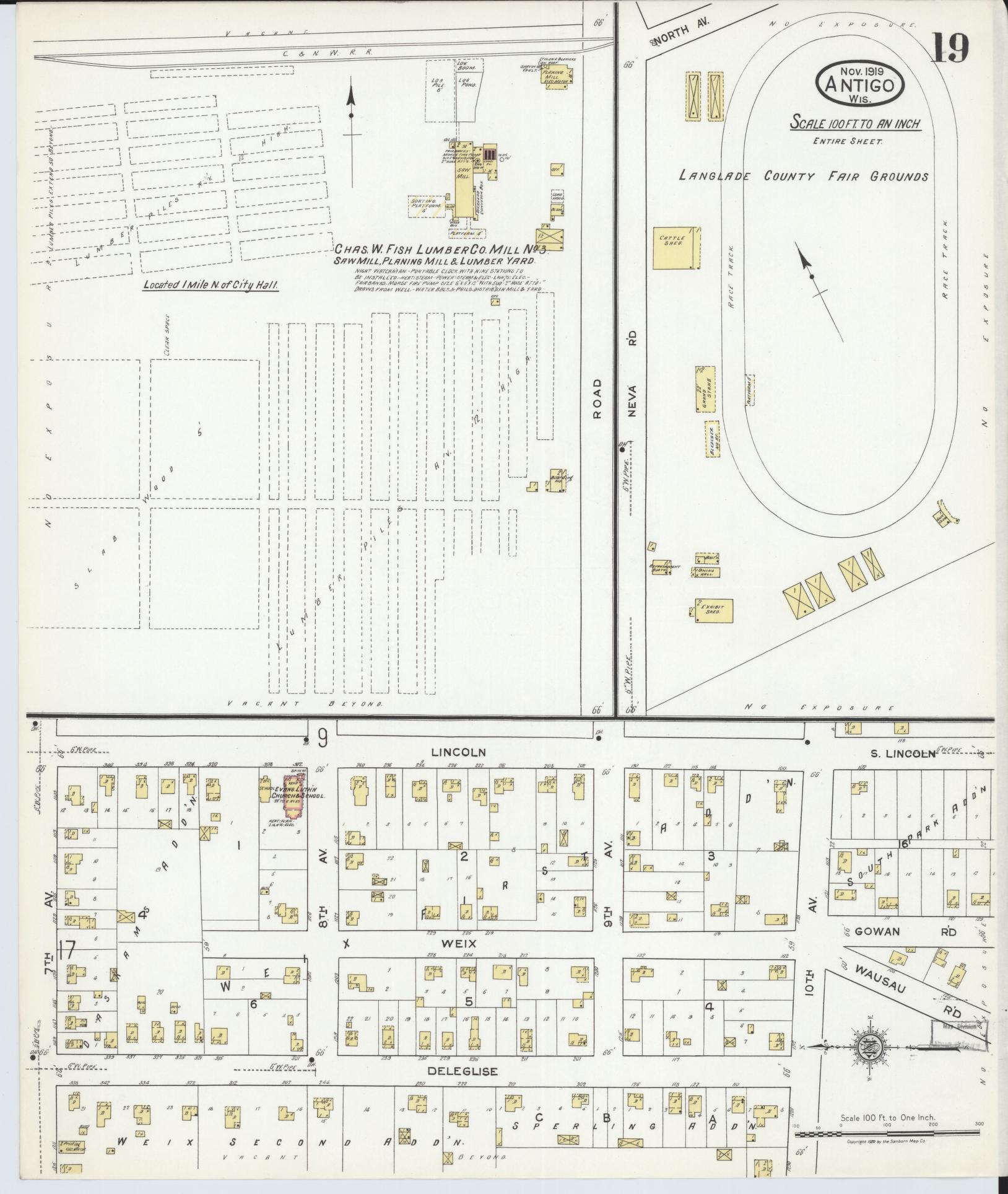 Sanborn Fire Insurance Map from Antigo, Langlade County, Wisconsin (1919), Sheet #0019 - Complete Map Set gallery image, historic Sanborn map, vintage wall art, Wisconsin Wisconsin