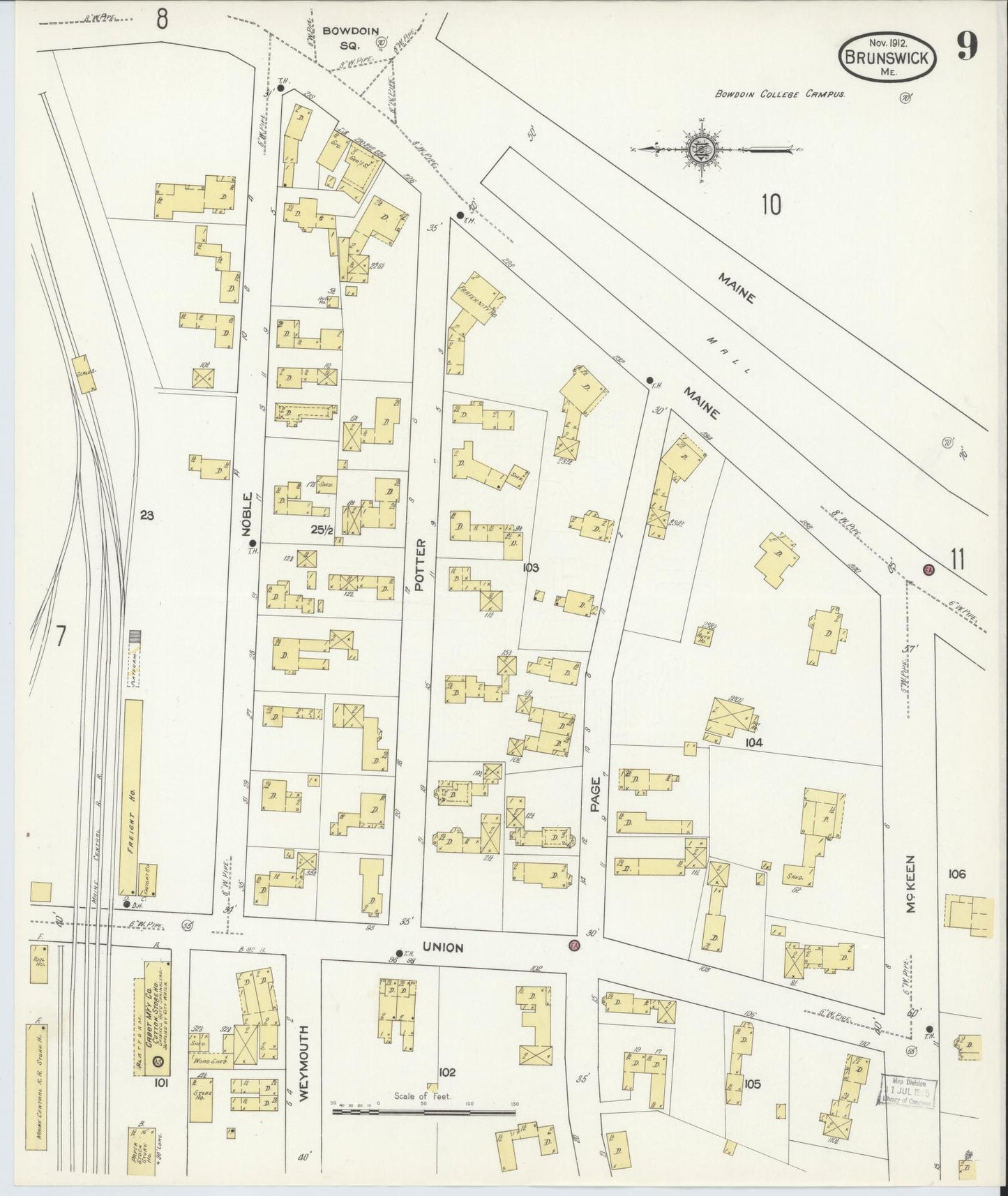 Sanborn Fire Insurance Map from Brunswick, Cumberland County, Maine (1912), Sheet #0009 - Complete Map Set gallery image, historic Sanborn map, vintage wall art, Maine Maine