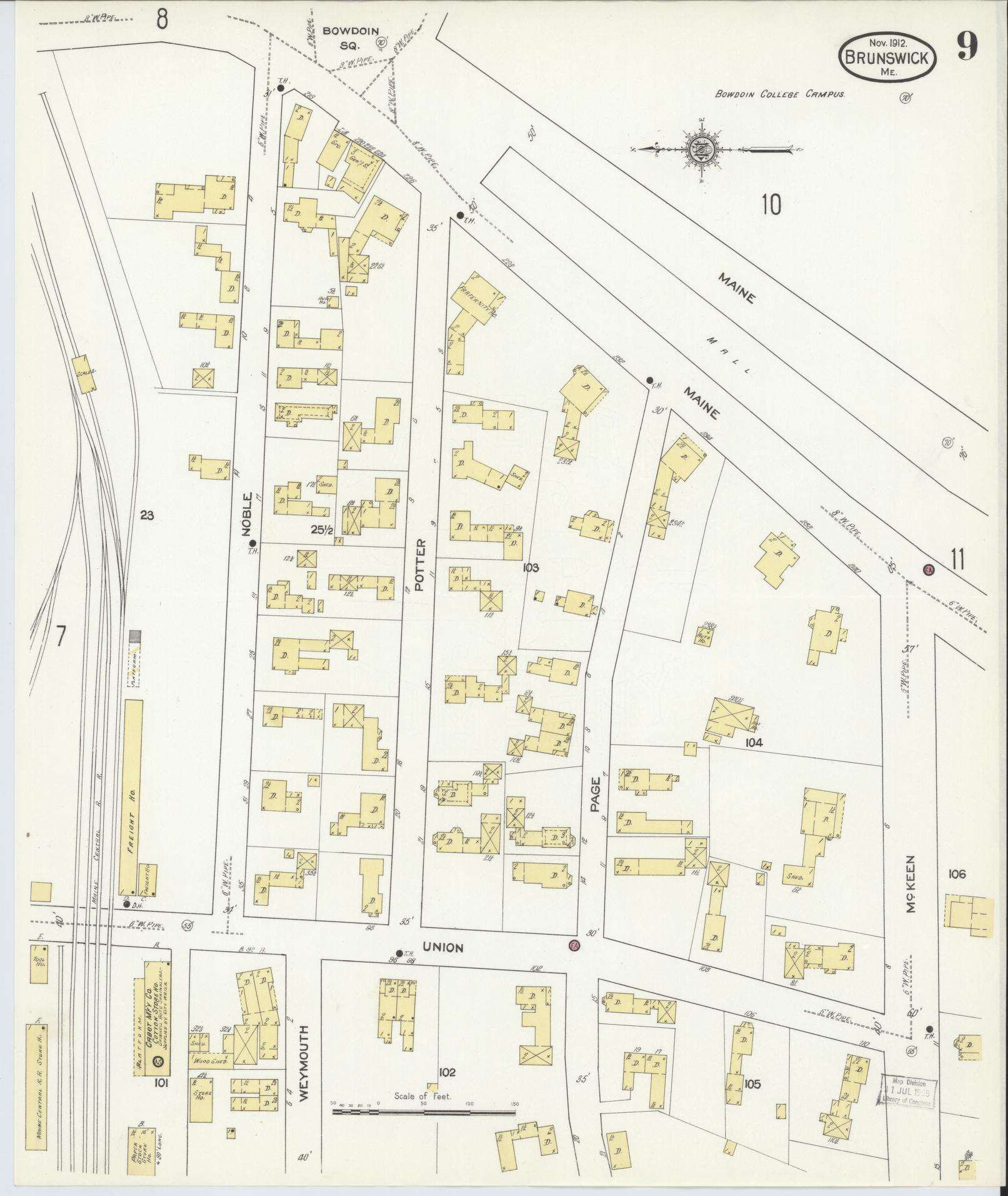 Sanborn Fire Insurance Map from Brunswick, Cumberland County, Maine (1912), Sheet #0009 - Complete Map Set gallery image, historic Sanborn map, vintage wall art, Maine Maine