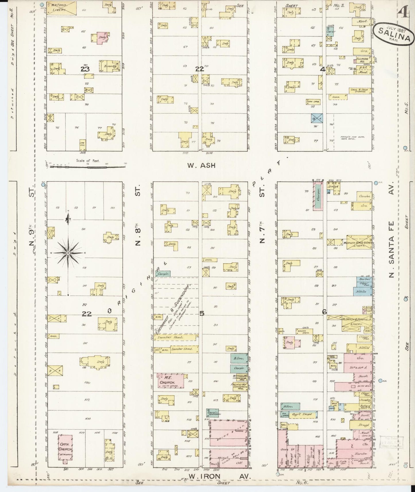 Sanborn Fire Insurance Map from Salina, Saline County, Kansas (1887), Sheet #0004 - Complete Map Set gallery image, historic Sanborn map, vintage wall art, Kansas Kansas
