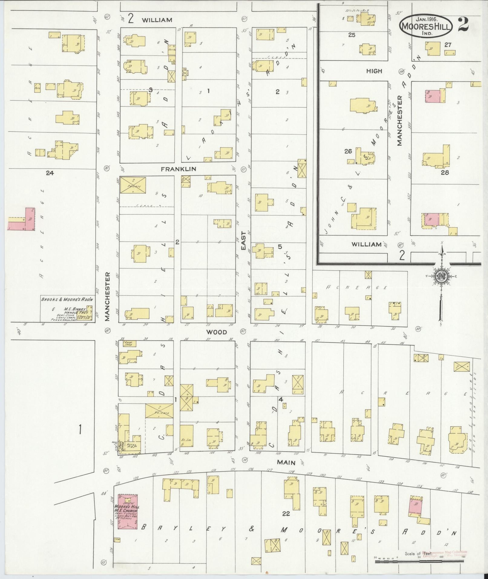 Sanborn Fire Insurance Map from Moores Hill, Dearborn County, Indiana (1916), Sheet #0002 - Complete Map Set gallery image, historic Sanborn map, vintage wall art, Indiana Indiana