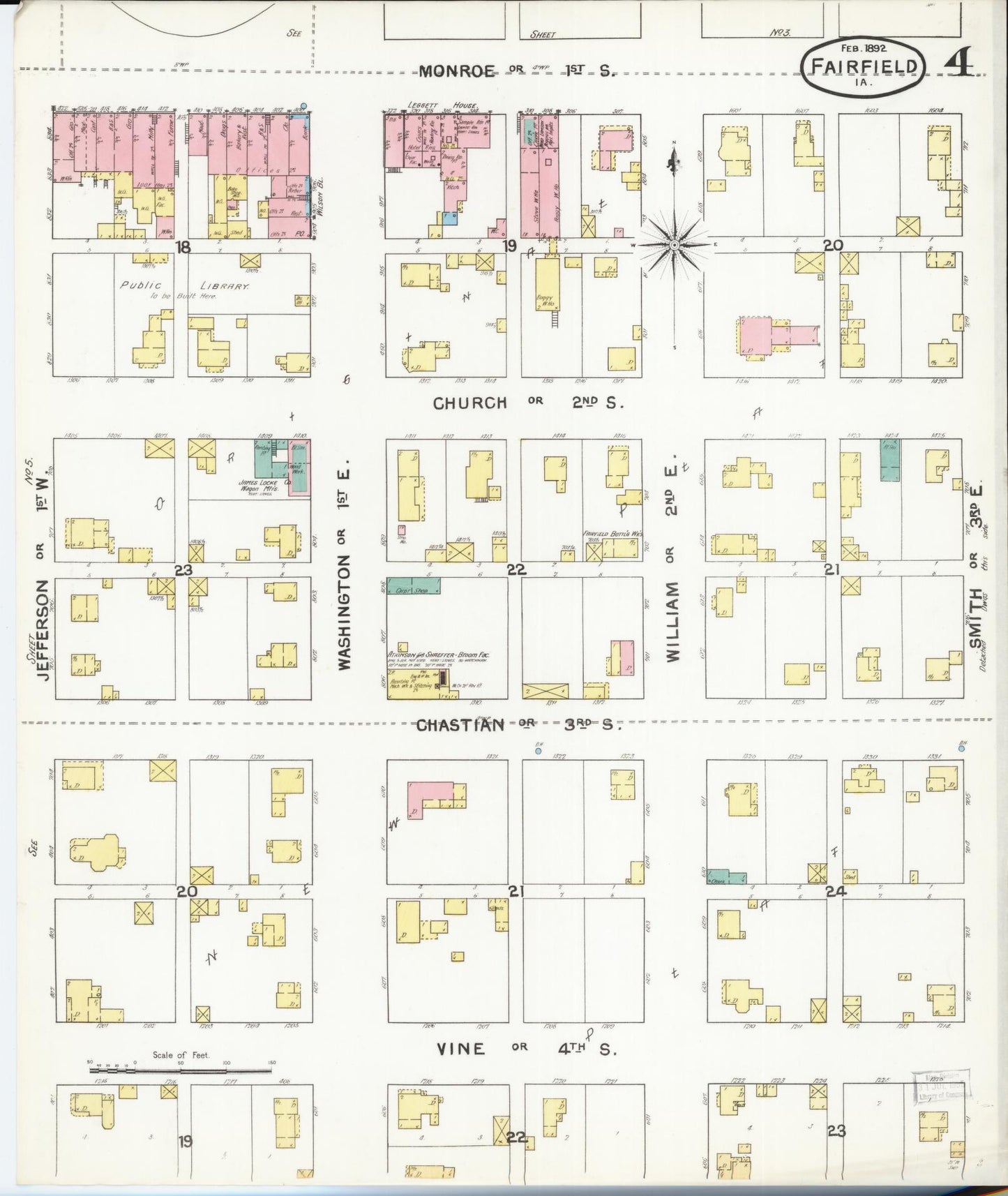 Sanborn Fire Insurance Map from Fairfield, Jefferson County, Iowa (1892), Sheet #0004 - Historic Sanborn Fire Insurance Map Print, vintage old map wall art