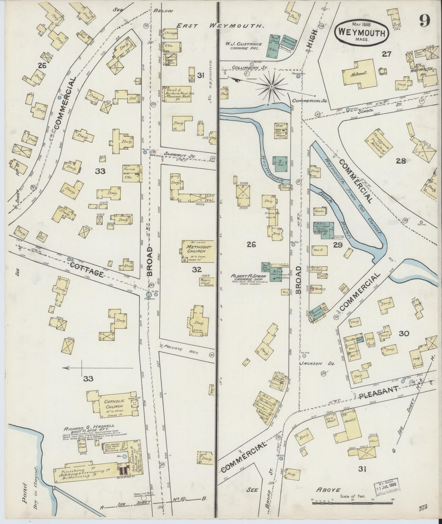 Sanborn Fire Insurance Map from Weymouth, Norfolk County, Massachusetts (1888), Sheet #0009 - Historic Sanborn Fire Insurance Map Print, vintage old map wall art, antique decor, genealogy gift, Massachusetts Massachusetts map
