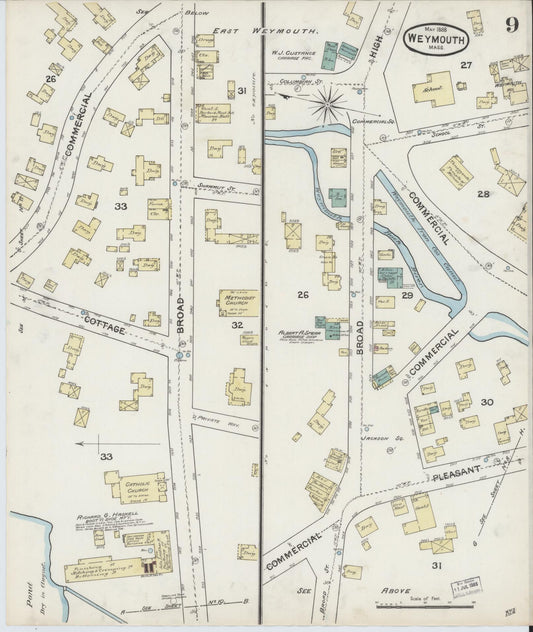 Sanborn Fire Insurance Map from Weymouth, Norfolk County, Massachusetts (1888), Sheet #0009 - Historic Sanborn Fire Insurance Map Print, vintage old map wall art, antique decor, genealogy gift, Massachusetts Massachusetts map