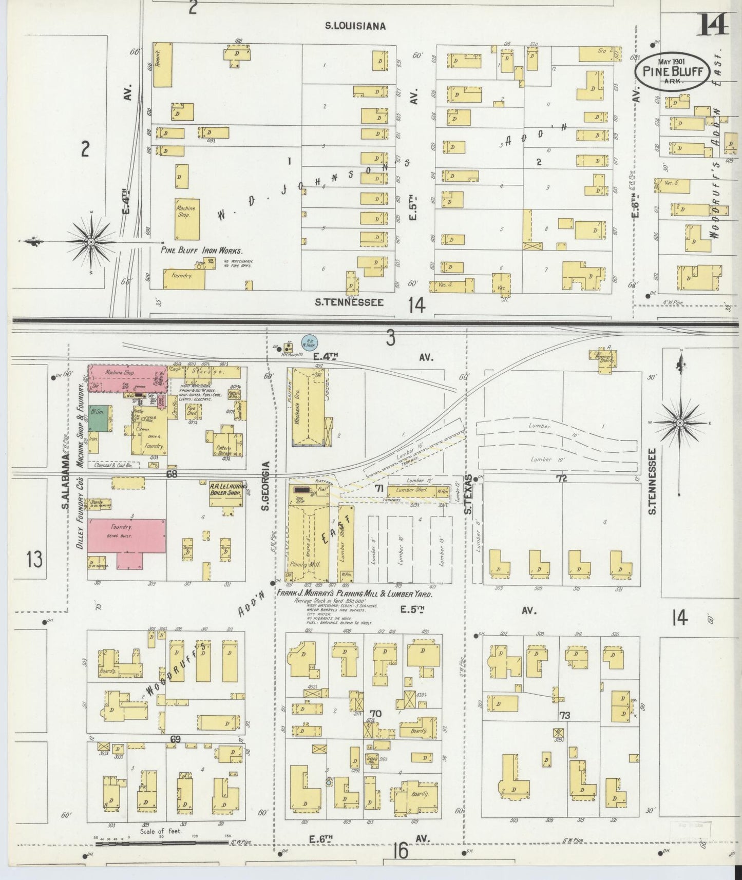 Sanborn Fire Insurance Map from Pine Bluff, Jefferson County, Arkansas (1901), Sheet #0014 - Complete Map Set gallery image, historic Sanborn map, vintage wall art, Arkansas Arkansas