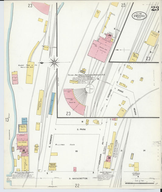 Sanborn Fire Insurance Map from Owosso, Shiawassee County, Michigan (1908), Sheet #0023 - Historic Sanborn Fire Insurance Map Print, vintage old map wall art, antique decor, genealogy gift, Michigan Michigan map