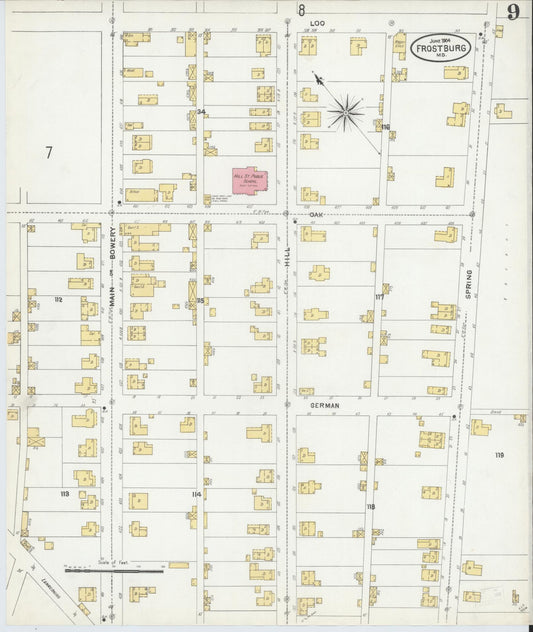 Sanborn Fire Insurance Map from Frostburg, Allegany County, Maryland (1904), Sheet #0009 - Historic Sanborn Fire Insurance Map Print, vintage old map wall art