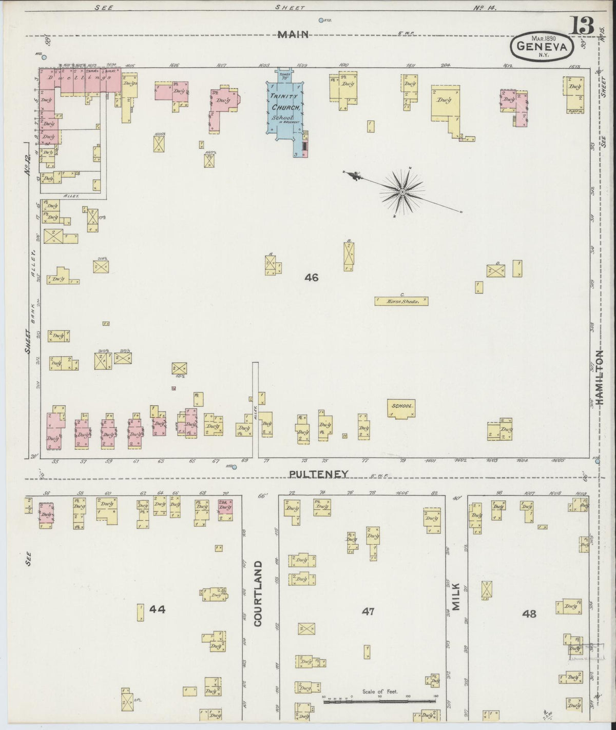 Sanborn Fire Insurance Map from Geneva, Ontario County, New York (1890), Sheet #0013 - Historic Sanborn Fire Insurance Map Print, vintage old map wall art, antique decor, genealogy gift, New York New York map