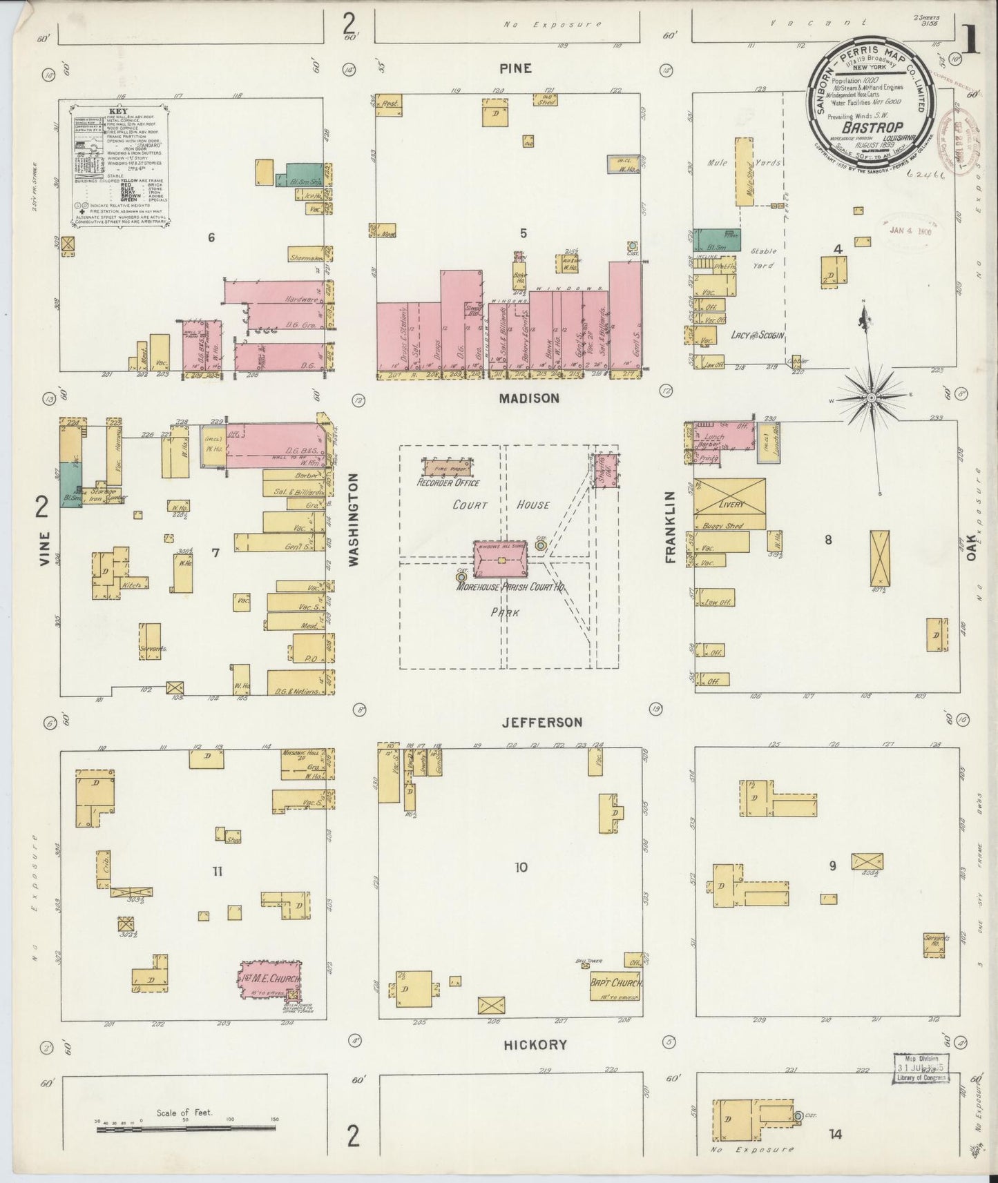 Sanborn Fire Insurance Map from Bastrop, Morehouse Parish, Louisiana (1899), Sheet #0001 - Historic Sanborn Fire Insurance Map Print, vintage old map wall art, antique decor, genealogy gift, Louisiana Louisiana map