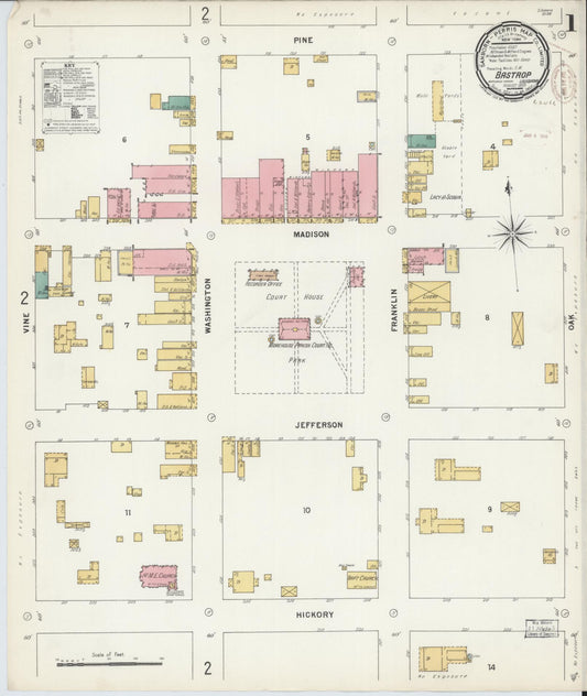 Sanborn Fire Insurance Map from Bastrop, Morehouse Parish, Louisiana (1899), Sheet #0001 - Historic Sanborn Fire Insurance Map Print, vintage old map wall art, antique decor, genealogy gift, Louisiana Louisiana map