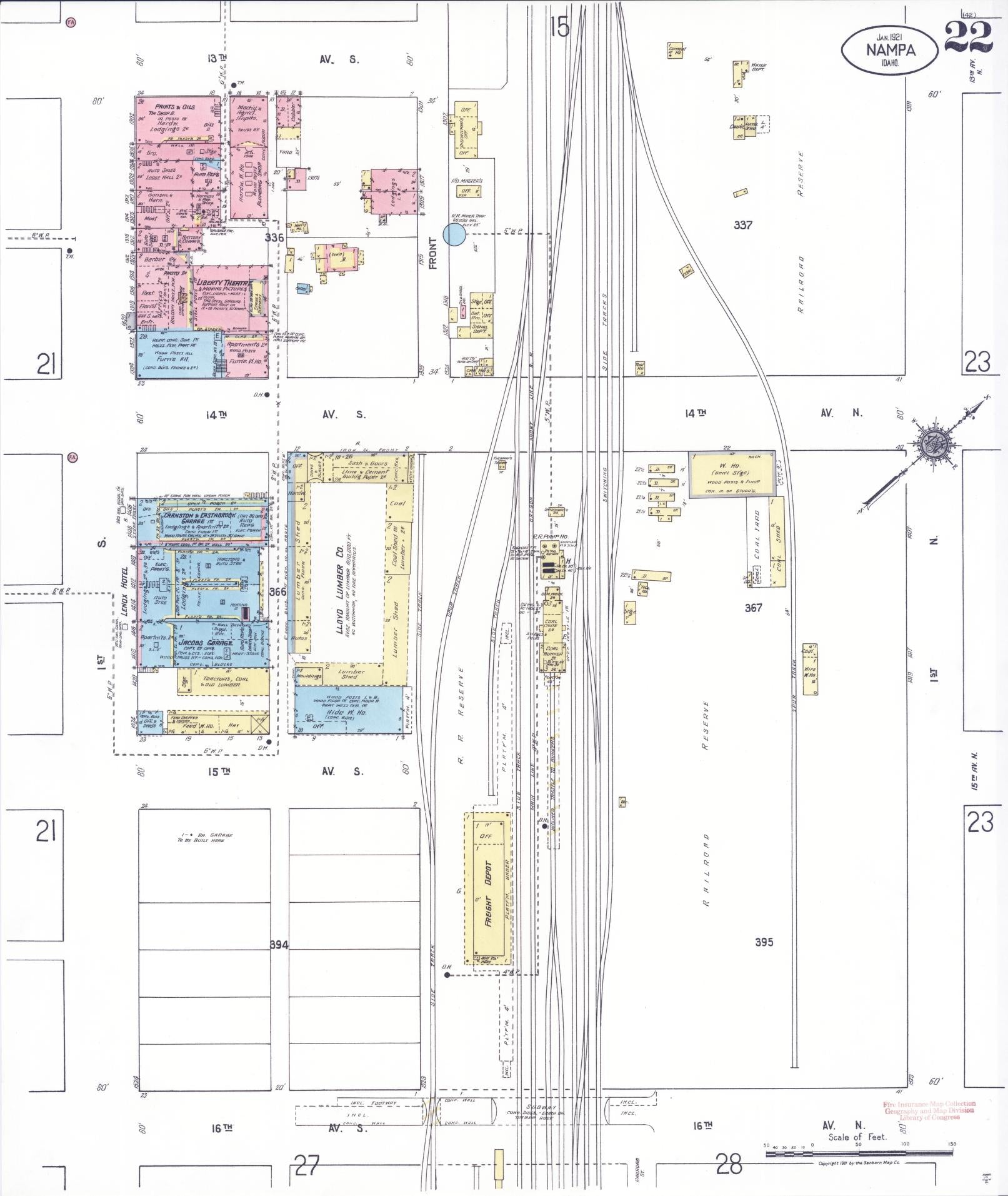Sanborn Fire Insurance Map from Nampa, Canyon County, Idaho (1921), Sheet #0022 - Historic Sanborn Fire Insurance Map Print, vintage old map wall art, antique decor, genealogy gift, Idaho Idaho map